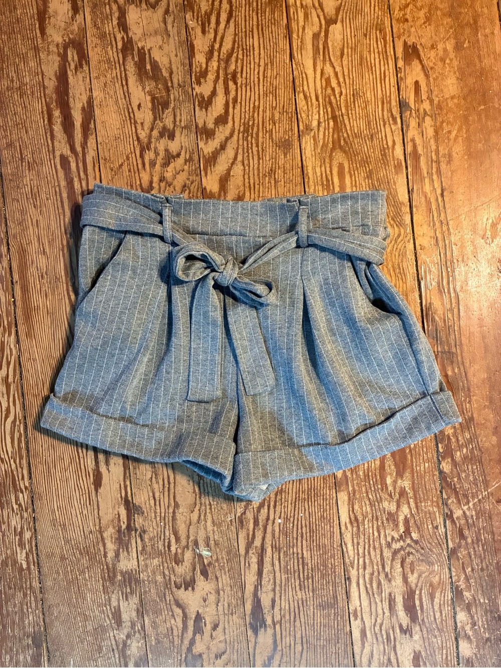 Haute Monde Light Gray Pinstripe High Waist Paperbag Shorts